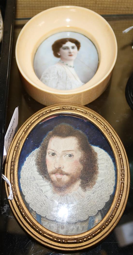 Enamel on copper miniature of a lady and a miniature portrait of a gentleman.